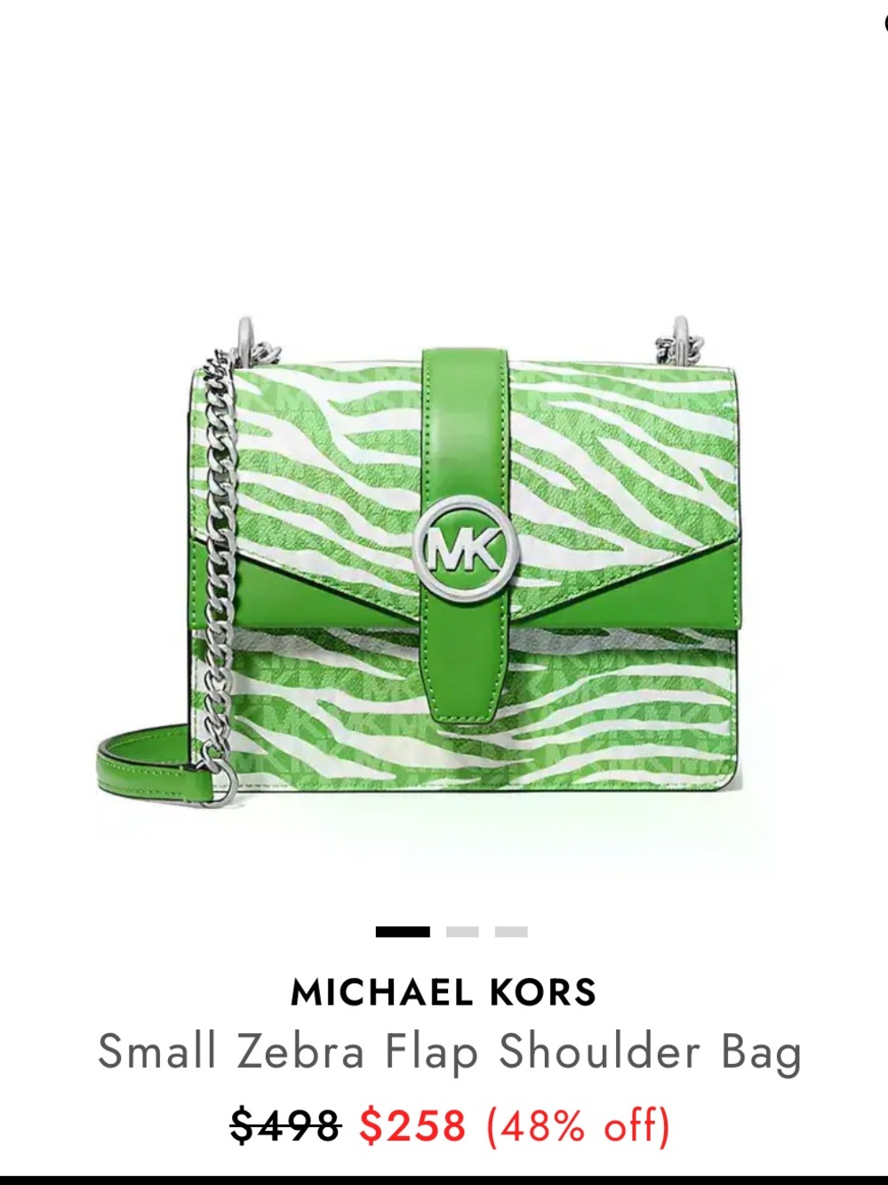 NWT Michael Kors Green Zebra Crossbody Bag Silver Chain Convertible Shoulder